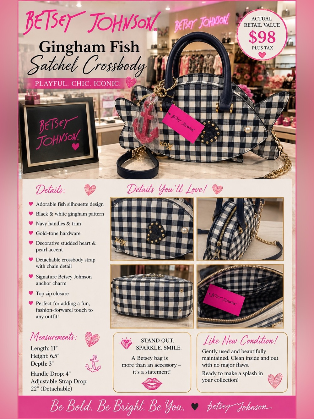 Betsey Johnson Black & White Gingham Fish Satchel Crossbody with Navy Trim